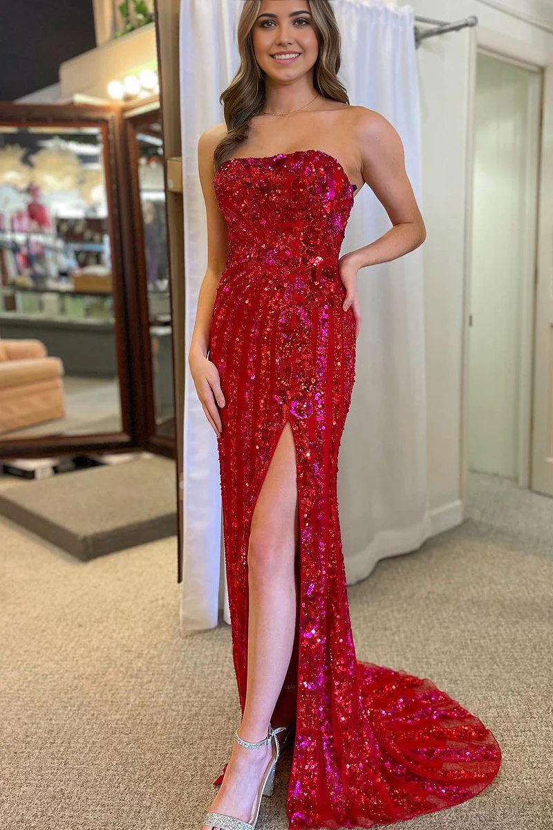 Mermaid Strapless Sequins Red Long Prom Dress with Slit